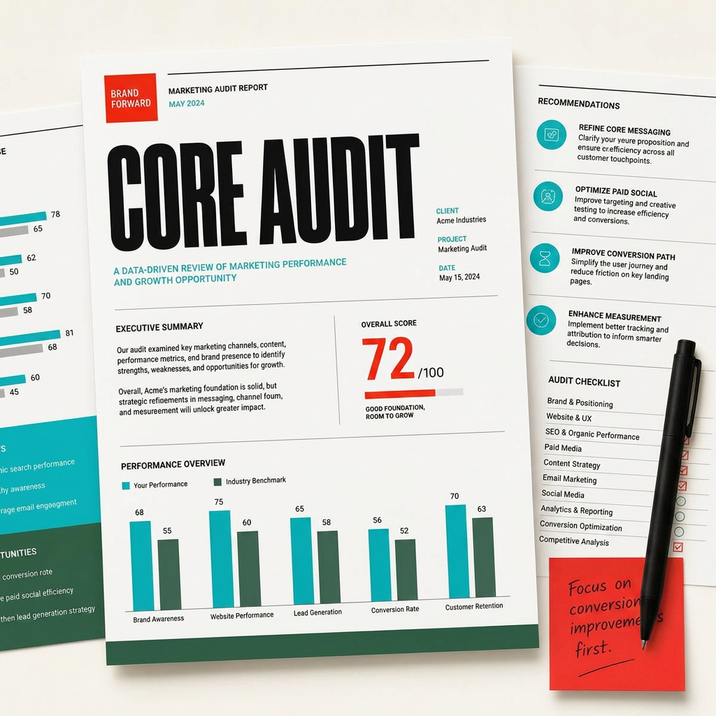 Sample Monk Audit report pages with findings, scores, and recommendations
