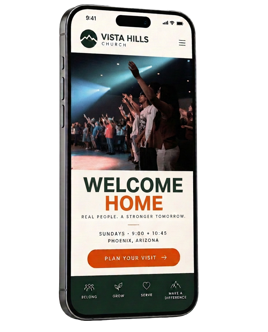 Phone showing the fictional Vista Hills Church website with a Plan Your Visit button