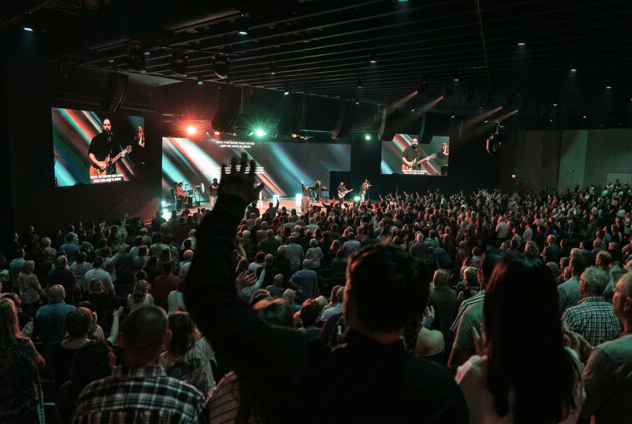 Congregation worshipping together in a modern church auditorium